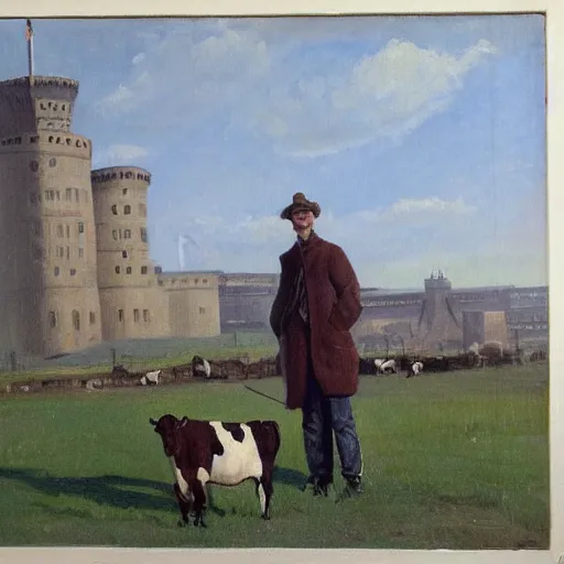 Prompt: painting by zorn, cow wearing!!! clothes!!! jeans!!! standing next to royal castle!!