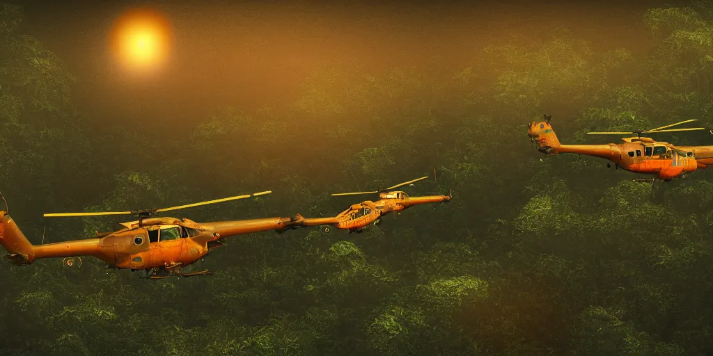 Image similar to Painting of vietnam Huey Helicopters, above a forest, orange sun set, abstract, realism, 8k, high details, octane render, glow, war, 3d render,