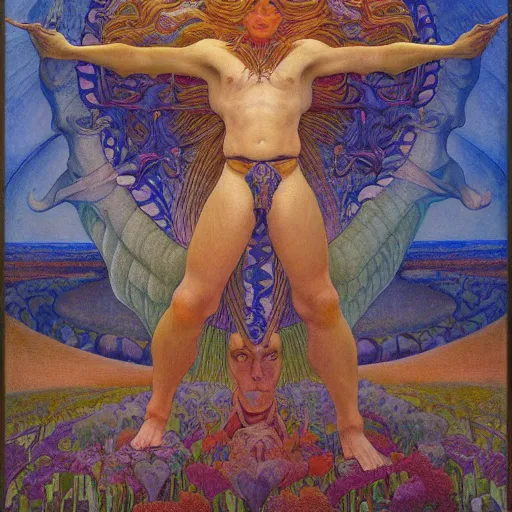 Image similar to the flower prince, by jean delville and donato giancola and nicholas roerich, and diego rivera, and leo and diane dillon, symbolist, tattoos, dramatic lighting, elaborate geometric ornament, art brut, god rays, soft cool colors, smooth, sharp focus, extremely detailed