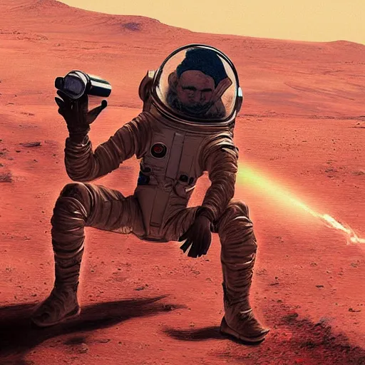 Image similar to redneck astronaut smoking a cigarette on mars detailed, cinematic photo, artstation