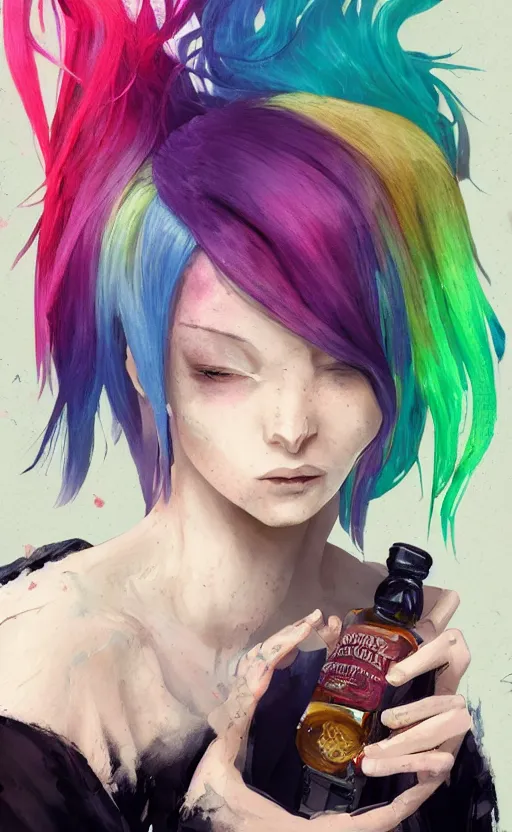 Prompt: a grungy woman with rainbow hair, happy, holding bottle of whiskey, soft eyes and narrow chin, dainty figure, long hair straight down, torn kawaii shirt and baggy jeans, basic white background, In style of by Jordan Grimmer and greg rutkowski, crisp lines and color,