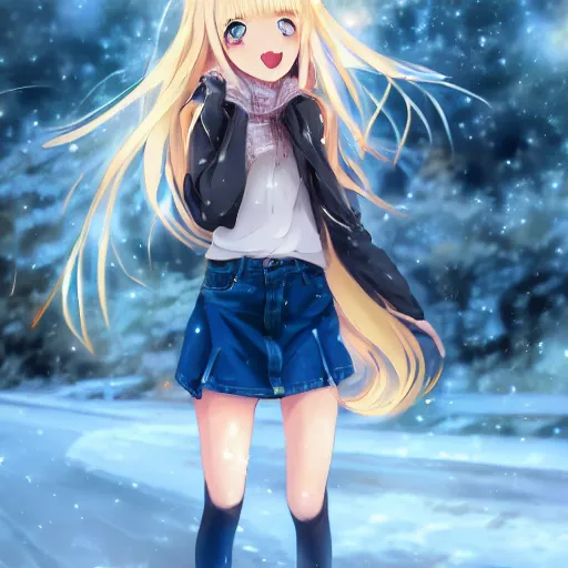 Prompt: a very beautiful anime girl, full body, long golden hair, sky blue eyes, full round face,cute face, short smile, mini jeans skirt, cute top, winter setting, cinematic lighting, medium shot, mid-shot, highly detailed, trending on Artstation, Unreal Engine 4k, cinematic wallpaper by Stanley Artgerm Lau, WLOP, Rossdraws, James Jean, Andrei Riabovitchev, Marc Simonetti, and Sakimichan
