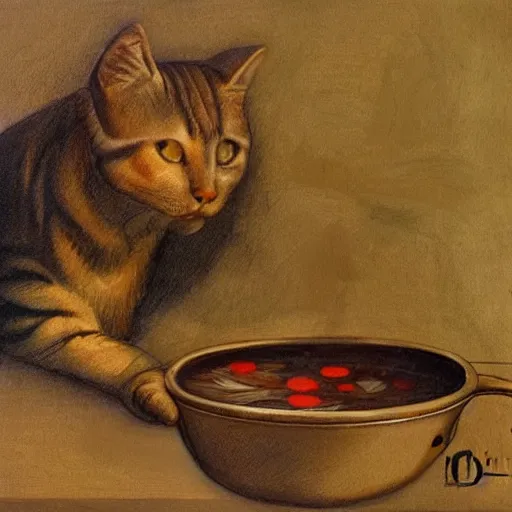 Image similar to the cat cooks soup, drawn by Leonardo Da Vinci, oil painting, trending in Artstation, artstationHD, 4k