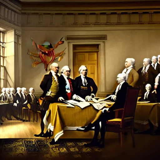 Prompt: zoo animals signing the declaration of independence, dramatic lighting, cinematic, establishing shot, extremely high detail, photo realistic, cinematic lighting, post processed, concept art, artstation, matte painting,