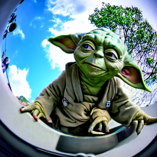 Prompt: Yoda waving towards the camera, photograph, fisheye lens