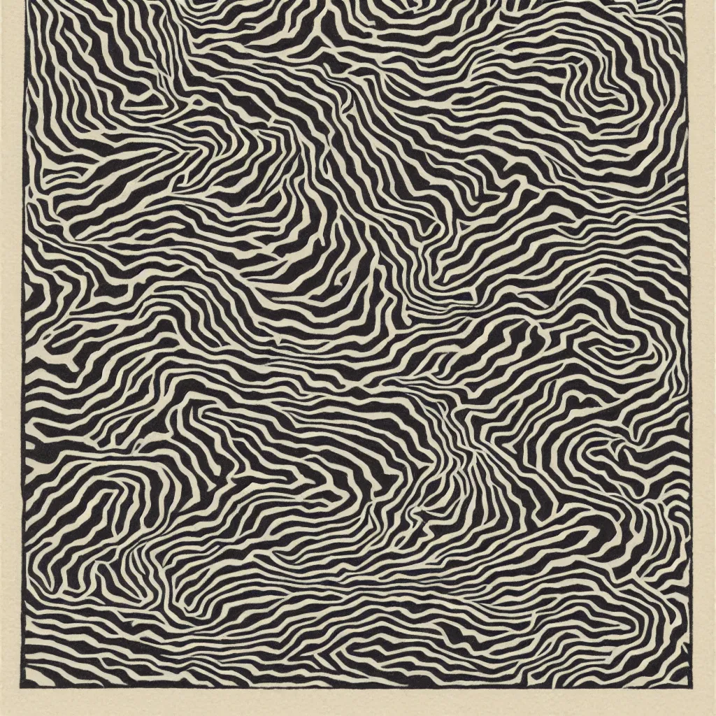 Image similar to optical illusion woodblock print, erupting volcano stamp pattern