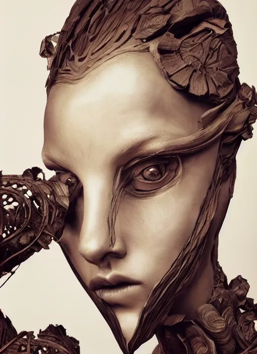 Prompt: sculpture made of wood, portrait, female, future, shaman, harper's bazaar, vogue, magazine, concept art, close up, ornate, luxury, elite, elegant, trending on artstation, by ruan jia, by Kenneth Willardt, by ross tran, by WLOP, by Andrei Riabovitchev,