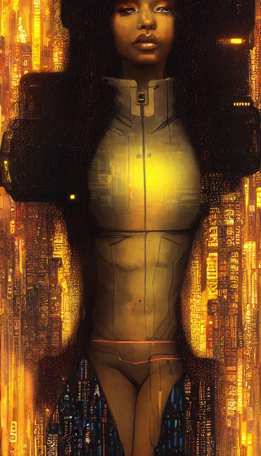 Image similar to a beautiful young Black woman, cyberpunk, Blade Runner city background, highly detailed, artstation, illustration, art by Gustav Klimt