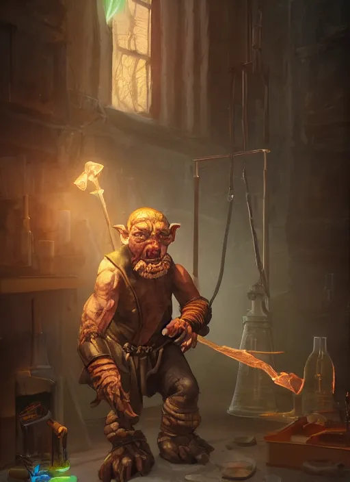 Prompt: A fantasy comic book style portrait painting of a highly intelligent hobgoblin cleric as a in a atmospheric medieval laboratory, unreal 5, DAZ, hyperrealistic, octane render, RPG portrait, ambient light, dynamic lighting