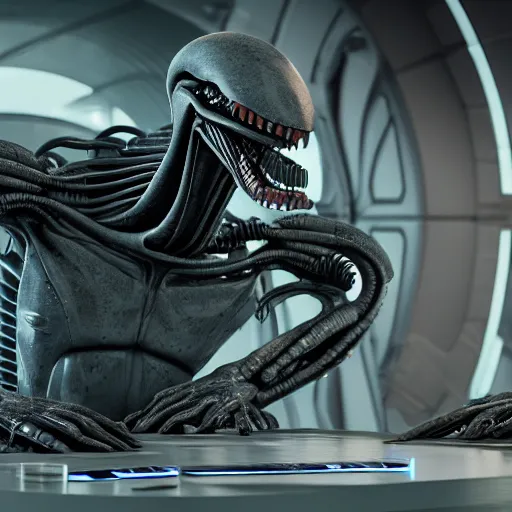 Prompt: cyborg human Xenomorph giant sitting at a table inside the depths of futuristic citadel, amazing 8k character concept art, plant conservatory biolab, fineline detail, cinematic quality, vray 8k render