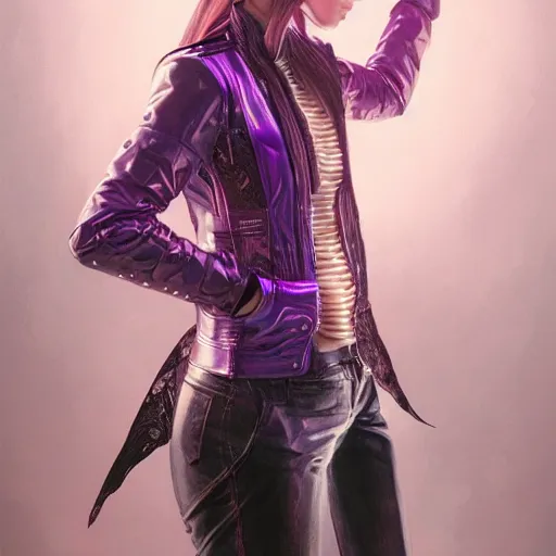 Prompt: full body of Korean female wearing VR goggles and futuristic short violet leather jacket, torn 1980s tank top underneath jacket, intricate, elegant, highly detailed, digital painting, artstation, concept art, smooth, sharp focus, illustration, art by artgerm and greg rutkowski and alphonse mucha