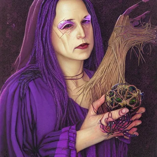 Image similar to portrait of a witch, dressed in purple, gold embroidery, by gerald brom.