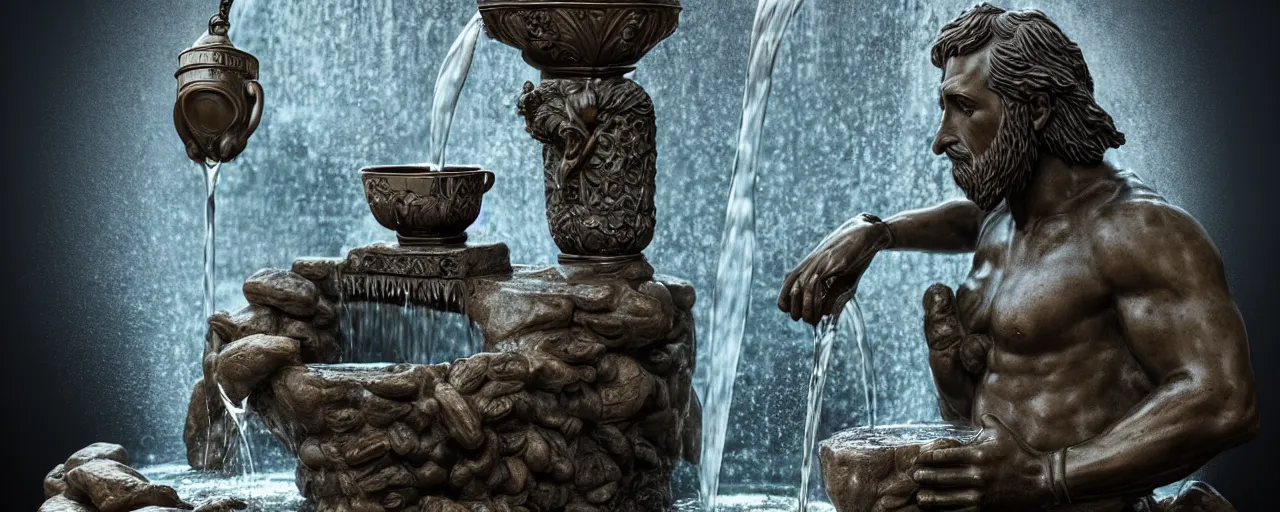 Prompt: an intricate detail of a large stone fountain statue of a man with a coffee mug with black coffee waterfalls flowing in it and hot spring, fantasy, highly detailed, cinematic lighting, volumetric lighting, Artstation, concept art, hyper realistic, cgsociety