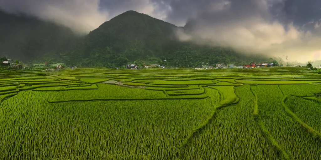 Image similar to Photo of terrace paddy field of Chinag Mai with several village and rolling mountain at the background, wide angle, volumetric light, fog, mist, morning, hyperdetailed, light water, artstation, cgsociety, 8k