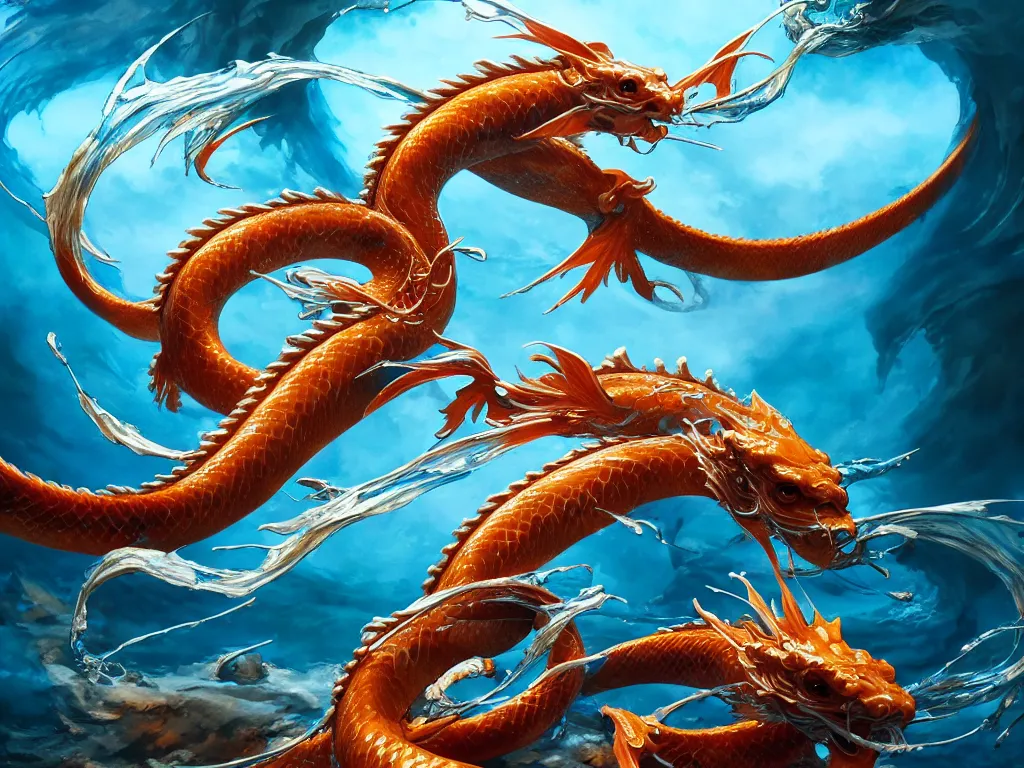 Image similar to intertwined koi dragon fish, water torrent background, jesper ejsing, james jean, justin gerard, tomasz alen kopera, cgsociety, fenghua zhong, makoto shinkai, octane render, highly detailed, rim light, cinematic lighting, hyper realism, high detail, intricate, 4 k, masterpiece