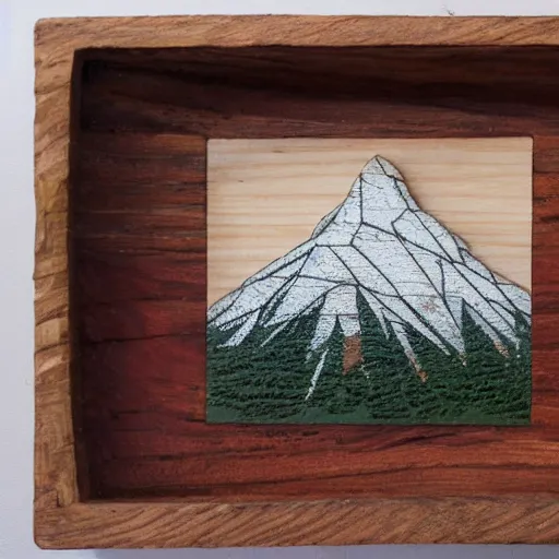 Prompt: a mountain etched in a piece of wood