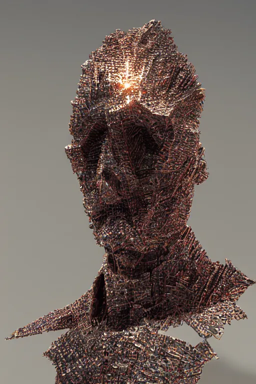 Prompt: realistic 8k Umberto Boccioni Sculpture of random jagged reflective metal pieces forming the shape of a person silhouetted by a bright red sun, volumetric god rays, glinting metal, neon colors, cyberpunk, smooth, sharp focus, 24mm lens, DOF, hyper realistic, art by Greg Rutkowski and Ruan Jia and Giger