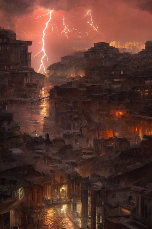 Image similar to ancient city of troy under a sky full of lightning, powerfull, intricate, elegant, volumetric lighting, digital painting, highly detailed, artstation, sharp focus, illustration, concept art, ruan jia, steve mccurry