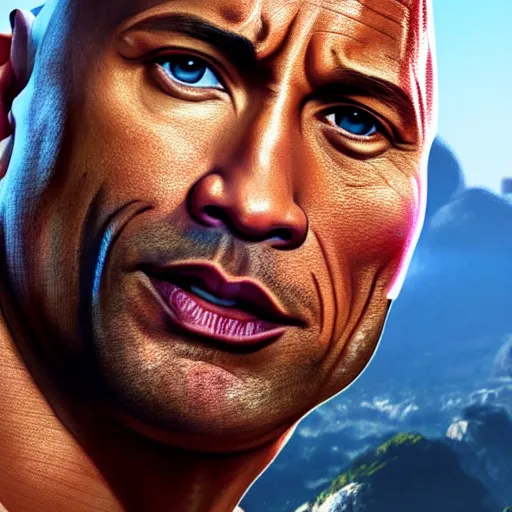 Image similar to dwayne the rock johnson,GTA V cover art by stephen bliss,realistic,professional art,professional lighting,detailed face,4k,hyperdetailed,realistic