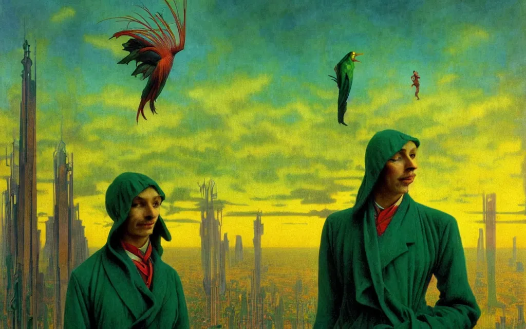 Image similar to realistic detailed portrait movie shot of a birdman wearing green robes, futuristic city sunset landscape background by denis villeneuve, yves tanguy, alphonse mucha, ernst haeckel, max ernst, roger dean, masterpiece, rich moody colours, ethereal, occult, blue eyes