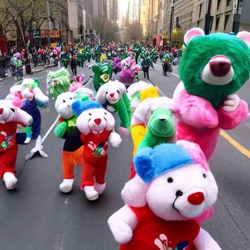 Image similar to a parade of stuffed care bears marching down 5 th ave manhattan on st. patrick's day, 8 k, photo realistic, extremely life like