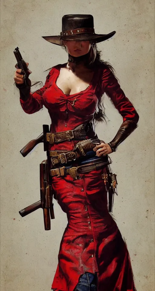 Image similar to a woman in a red wild west dress holding a shotgun, realistic painting by drew struzan, anatomically correct, beautiful, soft lighting, artstation