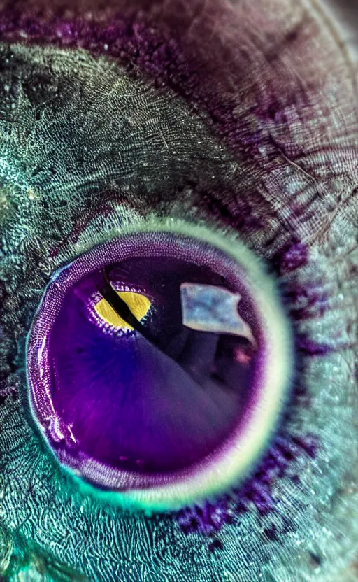 Prompt: macro shot, close-up of a purple squid eye, intricate iris, ultrarealistic, highly detailed