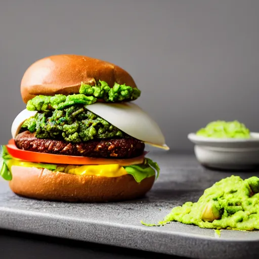 Image similar to juicy vegan hamburger topped with guacamole, fried onion and a vegan fried egg, crispy buns, 8 k resolution, professional food photography, studio lighting, sharp focus, hyper - detailed