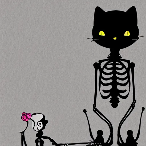 Image similar to skeleton wearing headphones watching girl playing guitar with her black cat standing next to her, digital art