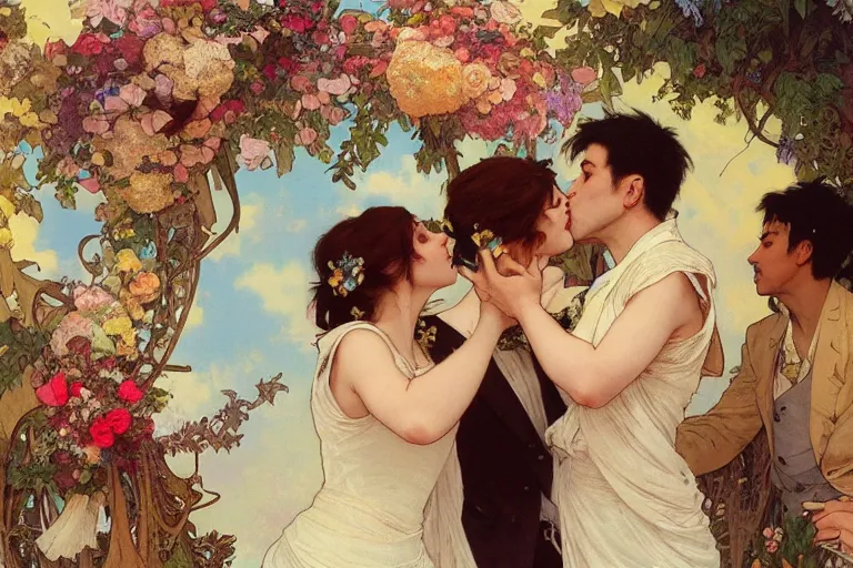 Image similar to the groom kisses the bride at a wedding full of flowers, bright and happy, dreamlike art, highly detail, 4 k realistic, wedding photoy krenz cushart. artem demura. alphonse mucha. yoji shinkawa artgerm. jon lothian. danilo torres. adi meyers. thomas reimann. gaston bussiere.