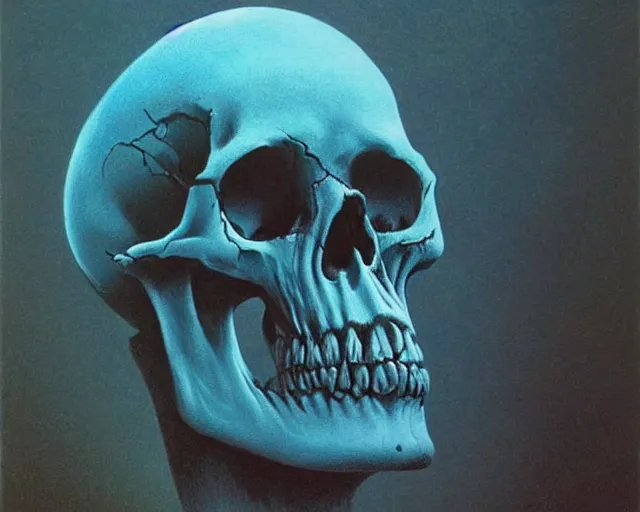 Prompt: Skull, blue, night, mystery, Zdzislaw Beksinski