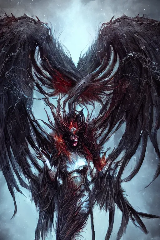 Image similar to character design, wraith rising from ember ashes, tattered demonic wings, ultra detailed, digital art, 8k ,character ,realistic, portrait, hyperrealistic