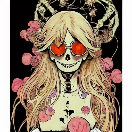 Prompt: manga skull portrait girl female skeleton realism hyperrealistic of princess peach nintendo art Geof Darrow and will cotton alphonse mucha pop art nouveau