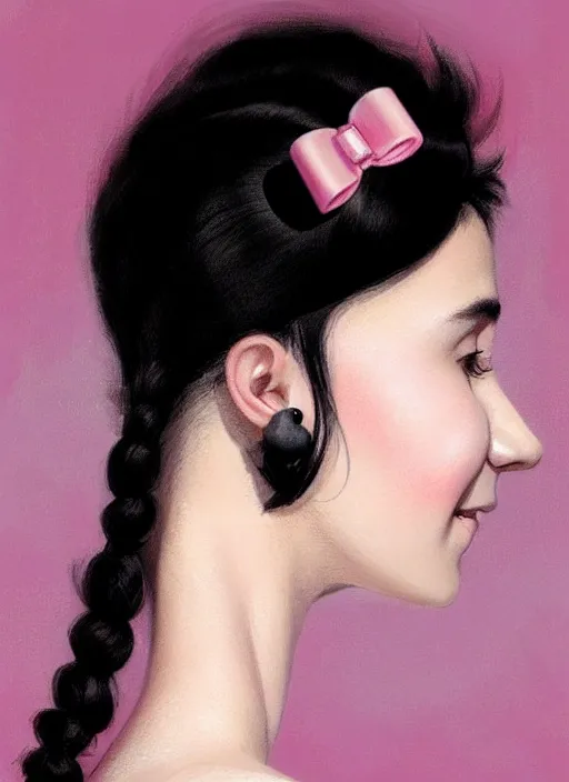 Image similar to portrait of teenage girl, realistic, black hair, bangs, half updo hairstyle, pointy nose, skinny, smile, ugly, defined jawline, big chin, pink hair bow, earrings, intricate, elegant, glowing lights, highly detailed, digital painting, artstation, sharp focus, illustration, art by wlop, mars ravelo and greg rutkowski