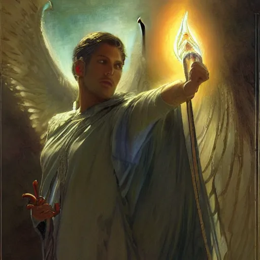 Image similar to attractive male deity casts light spell, summons attractive male lucifer morningstar. highly detailed painting by gaston bussiere, craig mullins, j. c. leyendecker 8 k