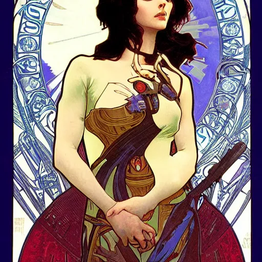 Image similar to alita battle angel, painted by alphonse mucha