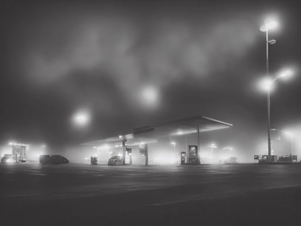 Image similar to “photography of gas station , fog, red lights, night, mood, atmospheric, full of colour, digital photography”