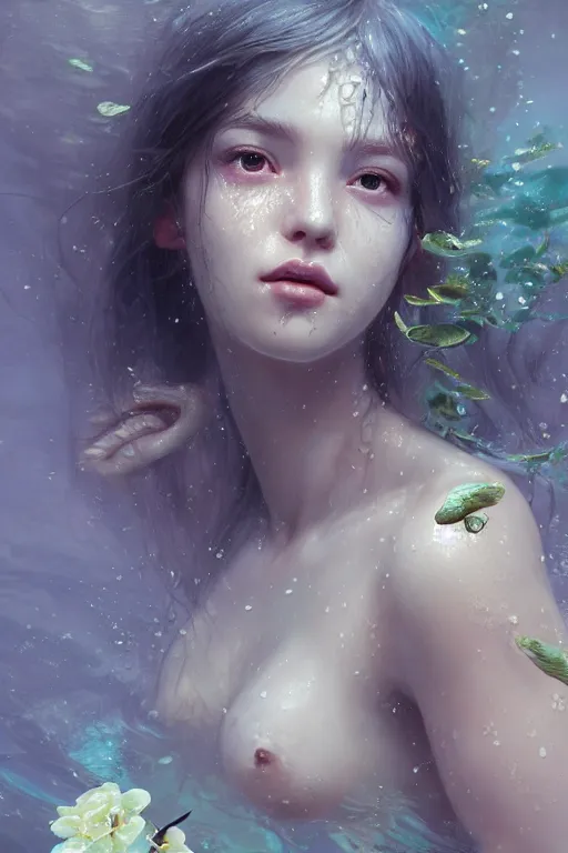 Image similar to face closeup a young beautiful girl drowned in water, underwater photography, nymph, siren, 3 d render, hyper realistic detailed portrait, holding magic flowers, ruan jia, wlop. scifi, fantasy, hyper detailed, octane render, concept art, by peter mohrbacher, by wlop, by ruan jia