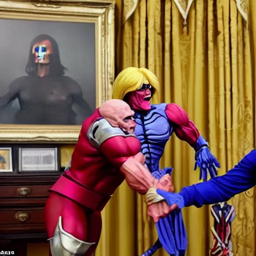 Image similar to he - man fights skeletor hyper realistic in the white house