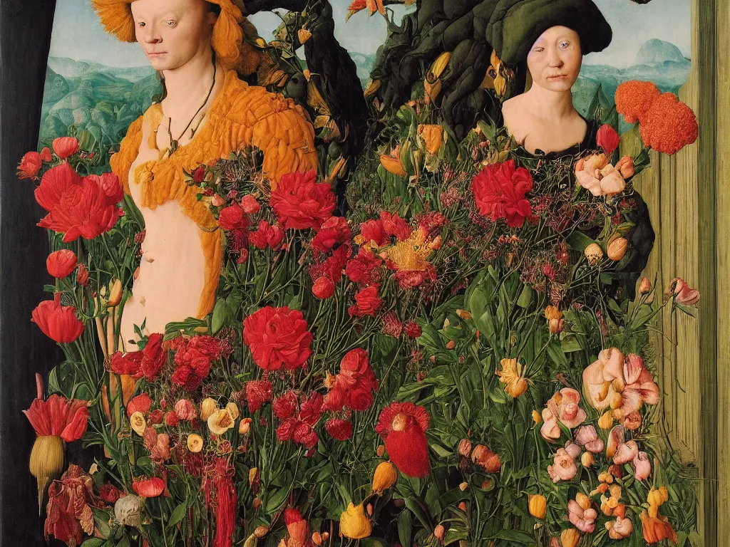 Image similar to Portrait of Meth addict with beautiful, exotic flowers. Painting by Jan van Eyck, Audubon, Maria Sybilla Merian, Rene Magritte, Agnes Pelton, Max Ernst, Walton Ford