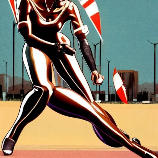 Image similar to Trinity the matrix, Female sprinter in athletic attire with cyborg legs, metal body, diesel punk, athletic footage, 1970's, olympics, cinematic, art deco