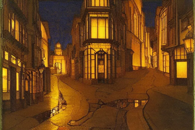 Prompt: winding street at midnight in a very old very beautiful city by ford madox brown and Nicholas Roerich and jean delville, glowing paper lanterns, strong dramatic cinematic lighting , ornate tiled architecture, lost civilizations, smooth, sharp focus, extremely detailed