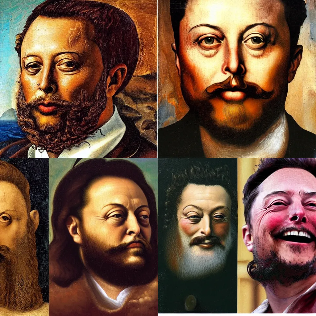 Prompt: an impasto oil painting of Elon musk with the beard of Salvador Dali painted by Leonardo Da Vinci