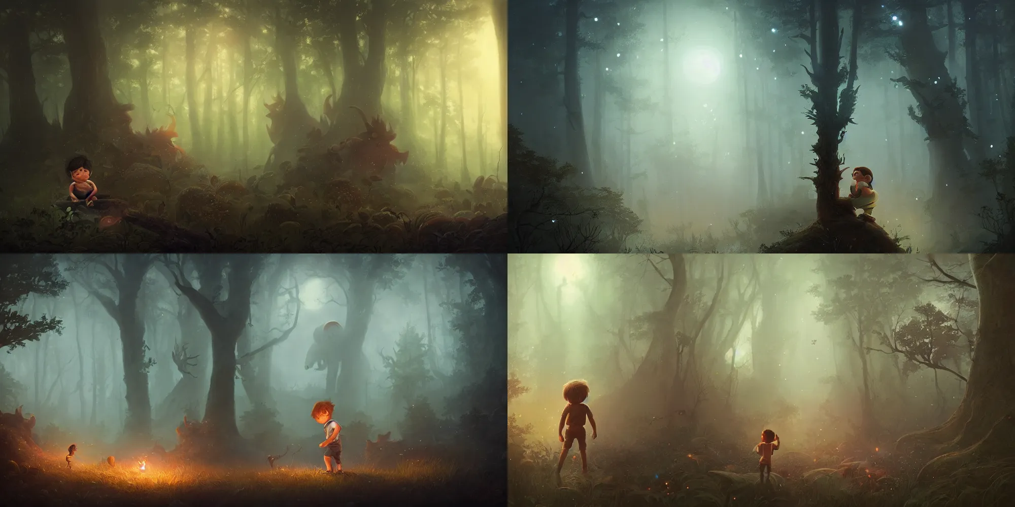 Prompt: a painting of a small boy that discovers a giant hairy monster in a misty moonlit forest, surrounded by fireflies, by peter mohrbacher, cgsociety, cinematic lighting