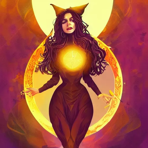 Prompt: a beautiful witch in golden clothes standing inside a pentagram, summoning a powerful demon, artstation, colorful, detailed, fantasy digital art, beautiful composition, masterpiece, artstation