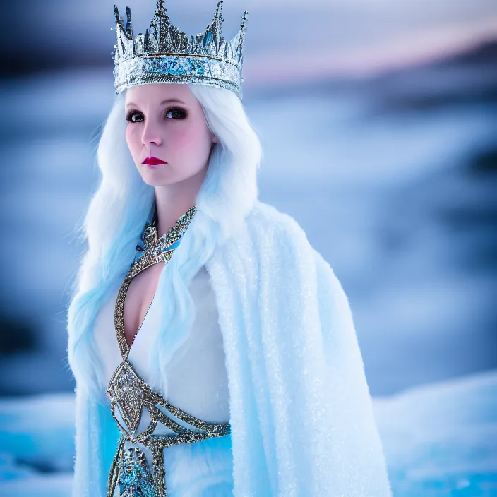 Prompt: professional photograph of a real - life ice queen with ornate robes. extremely detailed. dslr. 8 k