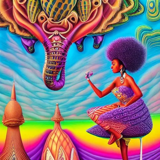 Prompt: a regal and elegant african queen with a colorful afro sitting in a cabana on top of an extremely large steampunk elephant near a pink lake with a large glowing baobab tree, by amanda sage and alex grey and evgeni gordiets in a surreal psychedelic style, oil on canvas 8k, hd