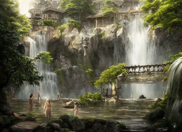 Prompt: A bathhouse with waterfalls in a beautiful elven city made of white marble, anime, lush trees, fountain, a fantasy digital painting by Greg Rutkowski and James Gurney, trending on Artstation, highly detailed