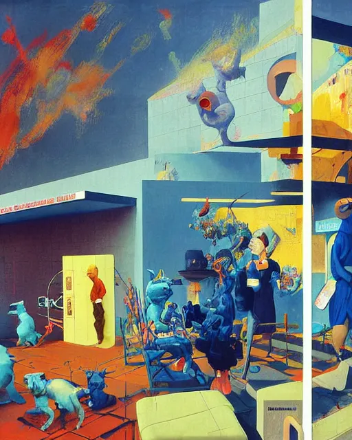 Prompt: square people conversing with blue dogs at a gas station with large oxygen tank in the style of Francis Bacon and Syd Mead and Norman Rockwell and Beksinski, open ceiling, highly detailed, painted by Francis Bacon and Edward Hopper, painted by James Gilleard, surrealism, airbrush, very coherent, triadic color scheme, art by Takato Yamamoto and James Jean