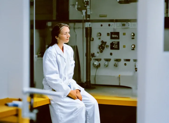 Image similar to a 3 5 mm photo from the back of a woman wearing a white lab coat sitting at a bench in a laboratory, bokeh, canon 5 0 mm, cinematic lighting, dramatic, film, photography, golden hour, depth of field, award - winning, 3 5 mm film grain, retro, film, kodachrome, closeup